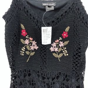 Top Noir En Crochet Wet Seal Taille 1X - Dos Ouvert Noué, Manches Longues, Pour Femmes